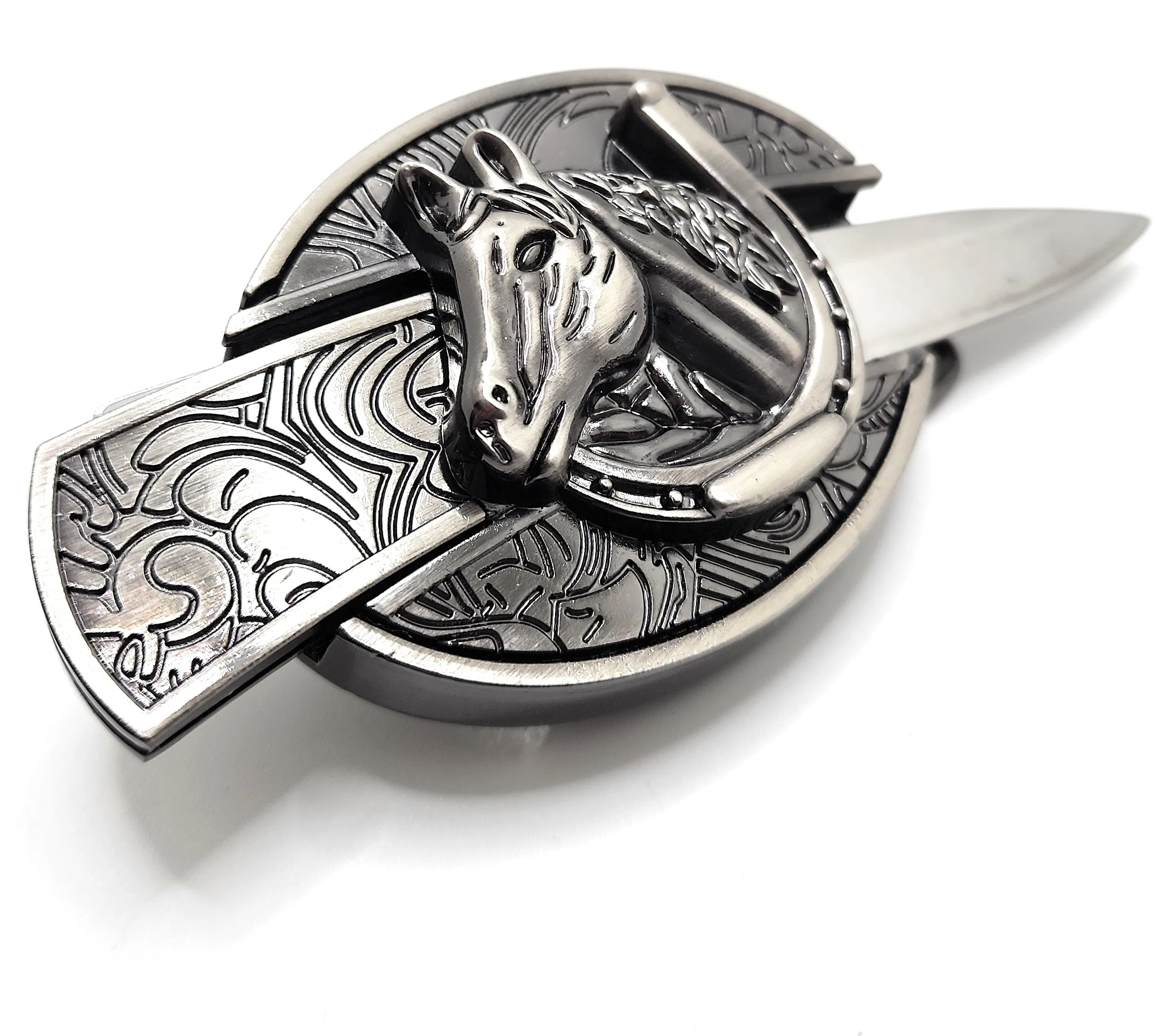 Horse and Horseshoe Folding Knife Belt Buckle Western