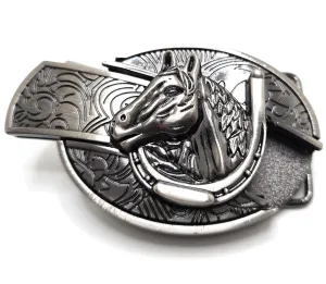Horse and Horseshoe Folding Knife Belt Buckle Western