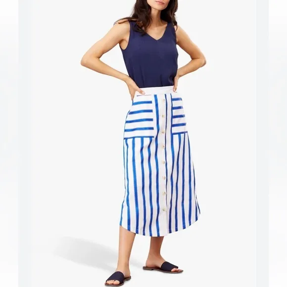 JOULES Orielle Linen Blend Midi Skirt White Blue Stripe NEW Coastal Size 2