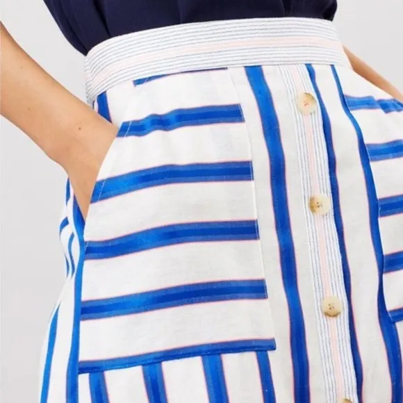 JOULES Orielle Linen Blend Midi Skirt White Blue Stripe NEW Coastal Size 2