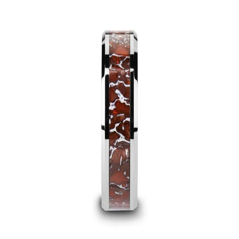 JURASSIC | Silver Tungsten Ring, Red Dinosaur Bone Inlay, Beveled