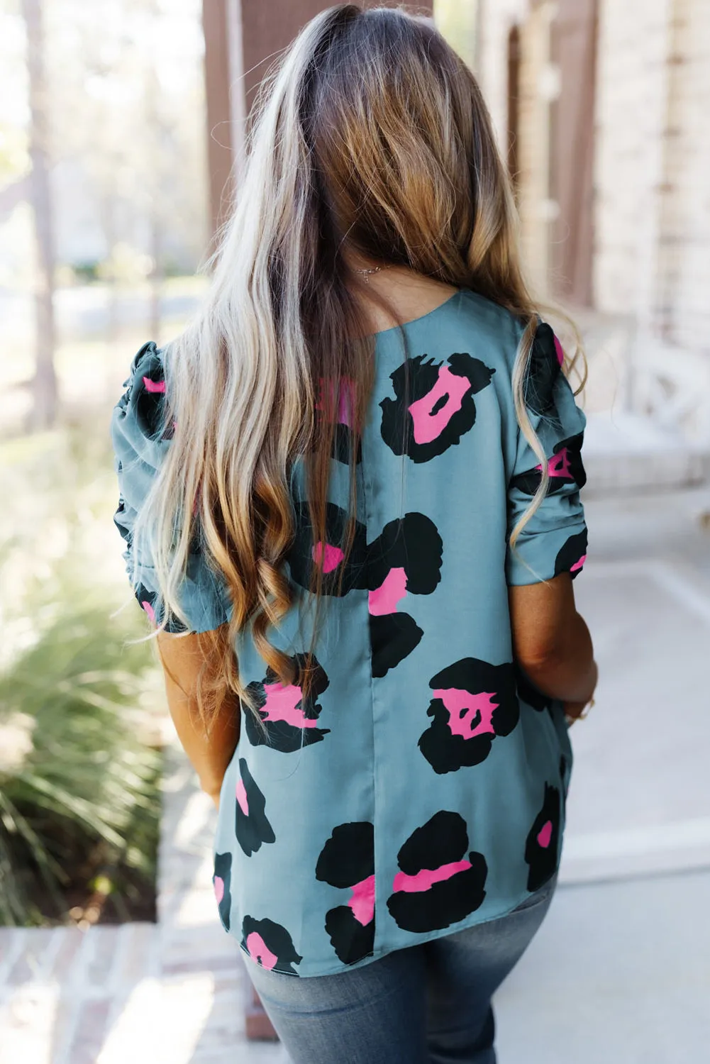 Khaki Ruched Short Sleeve Leopard Print Blouse