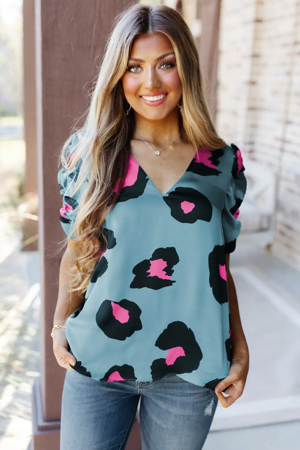 Khaki Ruched Short Sleeve Leopard Print Blouse