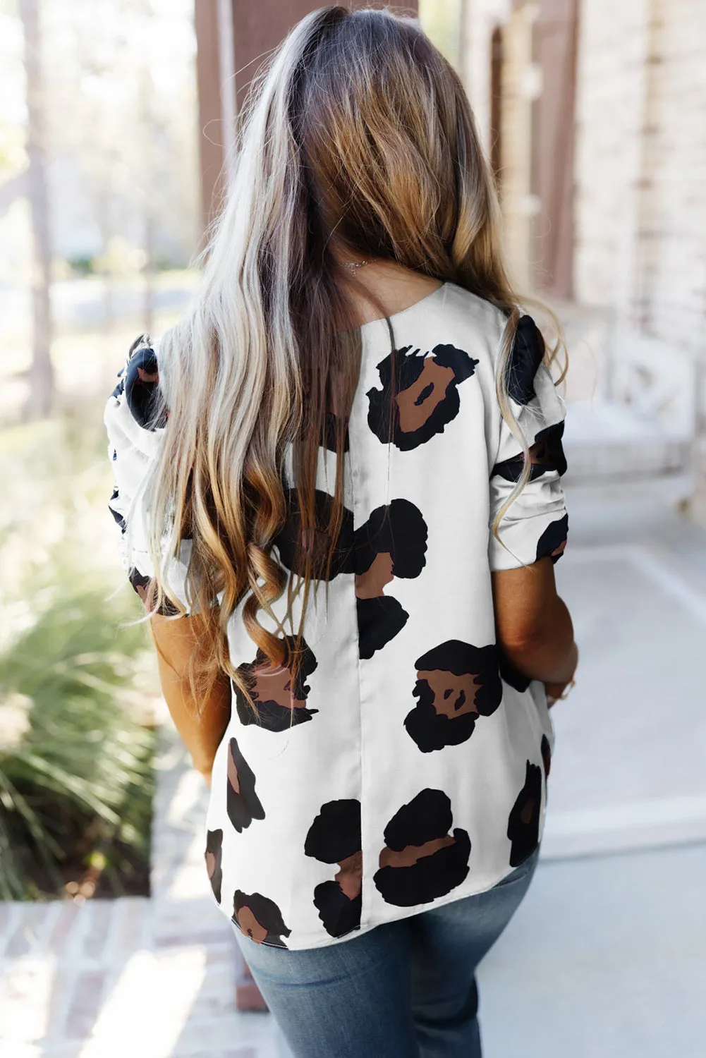 Khaki Ruched Short Sleeve Leopard Print Blouse