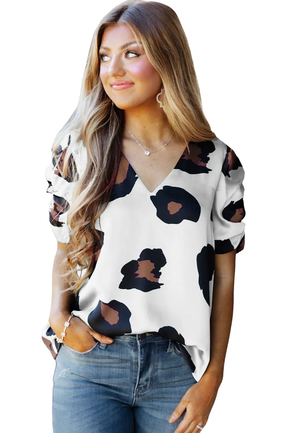 Khaki Ruched Short Sleeve Leopard Print Blouse