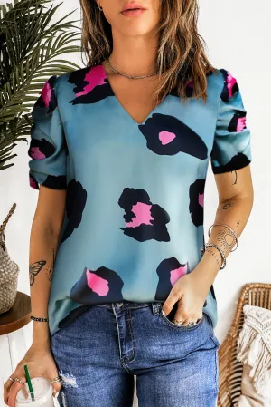 Khaki Ruched Short Sleeve Leopard Print Blouse
