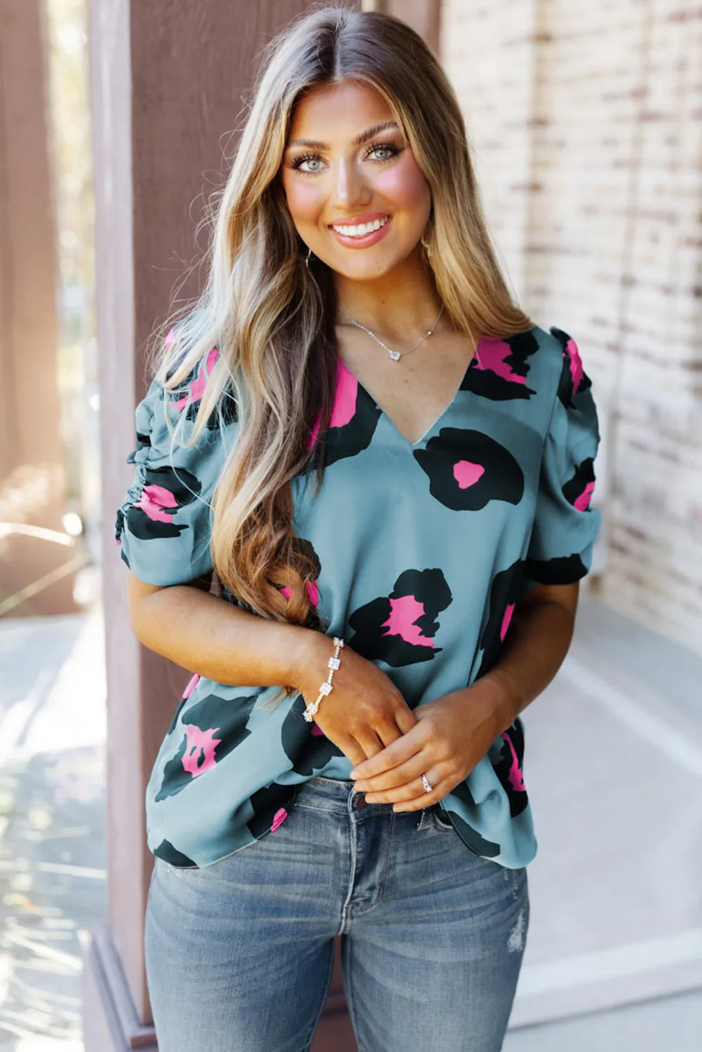 Khaki Ruched Short Sleeve Leopard Print Blouse