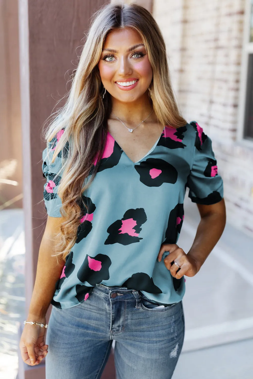 Khaki Ruched Short Sleeve Leopard Print Blouse