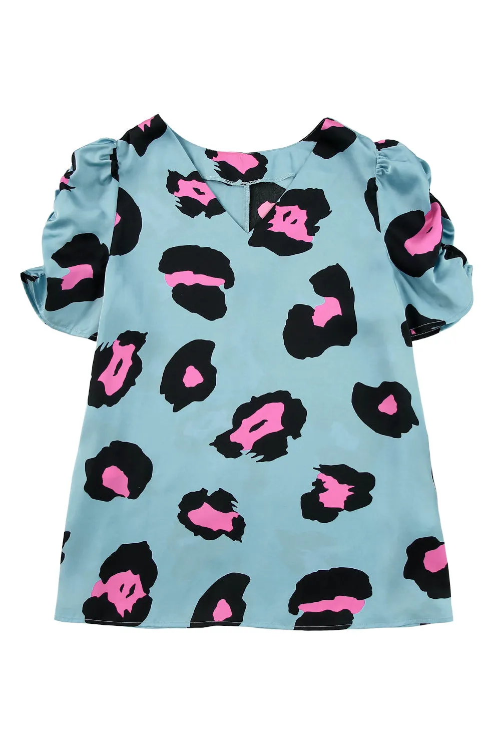 Khaki Ruched Short Sleeve Leopard Print Blouse