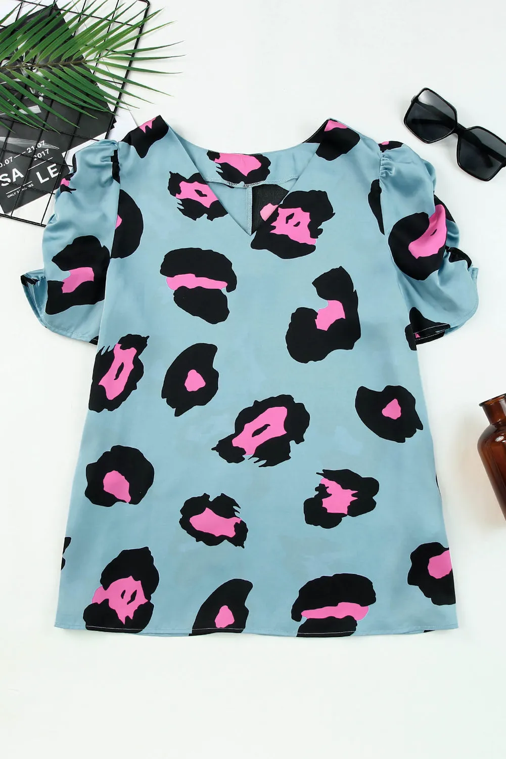 Khaki Ruched Short Sleeve Leopard Print Blouse