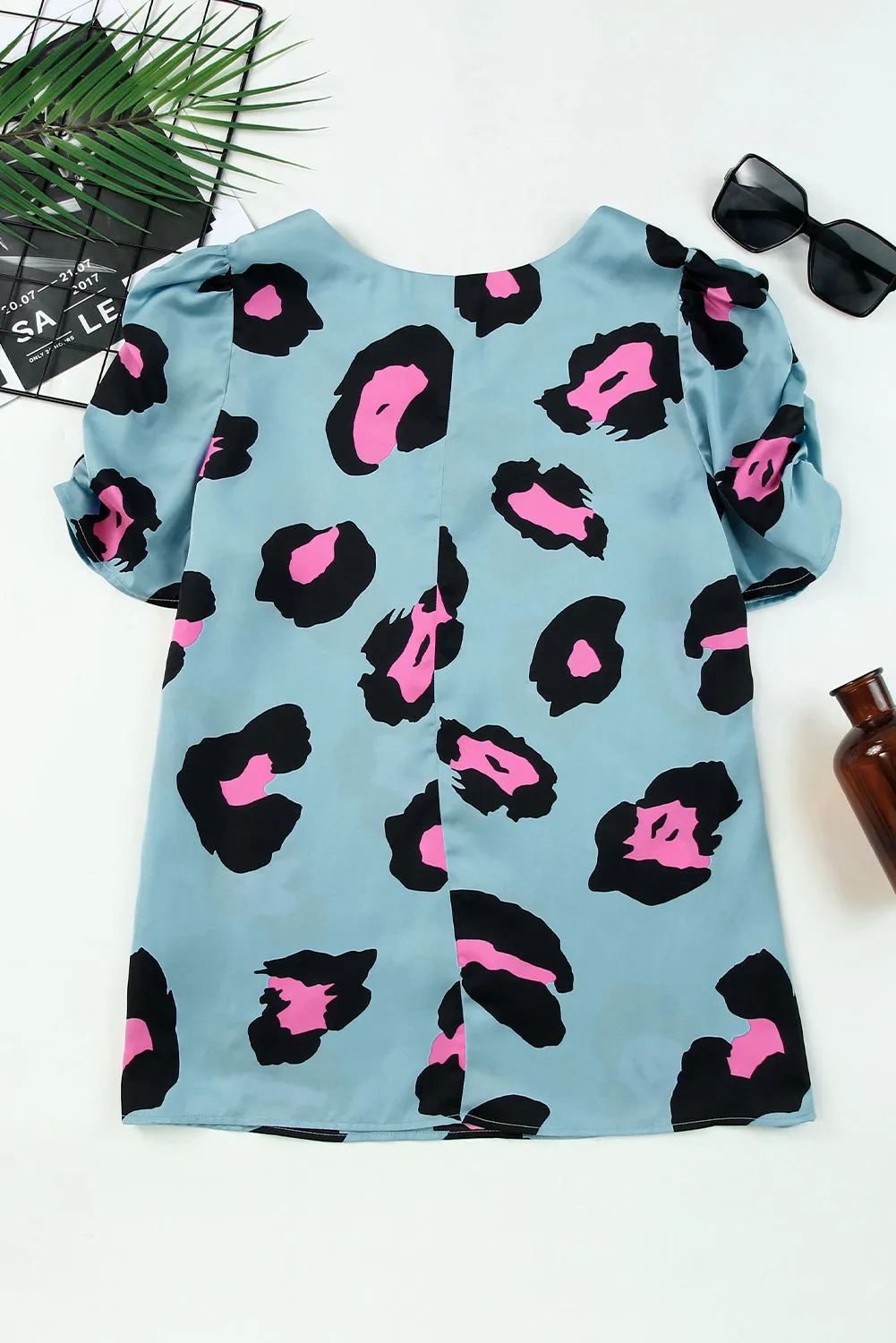 Khaki Ruched Short Sleeve Leopard Print Blouse