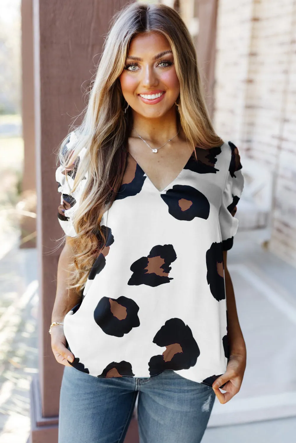 Khaki Ruched Short Sleeve Leopard Print Blouse
