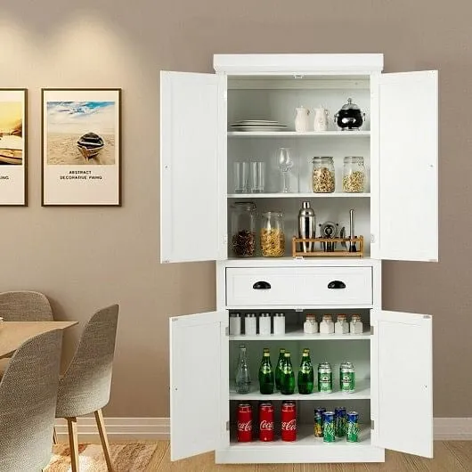 Kitchen Pantry Storage Cabinet with Doors Drawer and Adjustable Shelves-White -