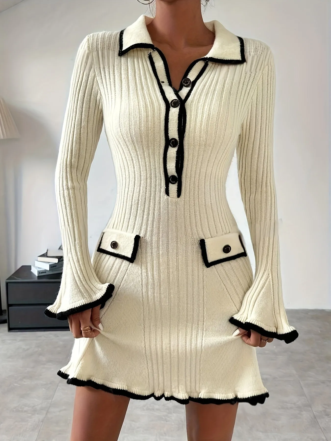 Knitted Dress with Ruffles and Contrasting Edges for Women