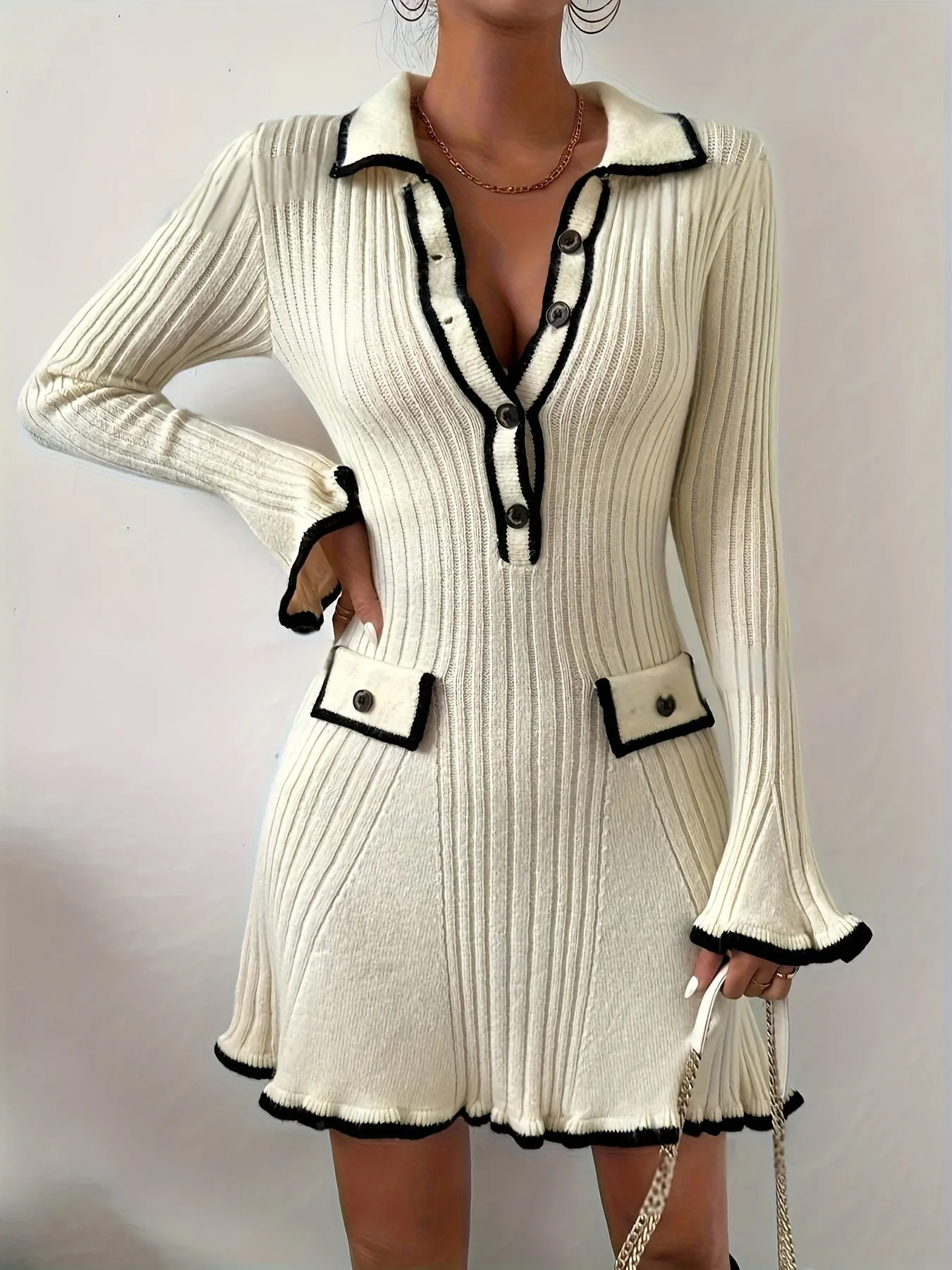 Knitted Dress with Ruffles and Contrasting Edges for Women