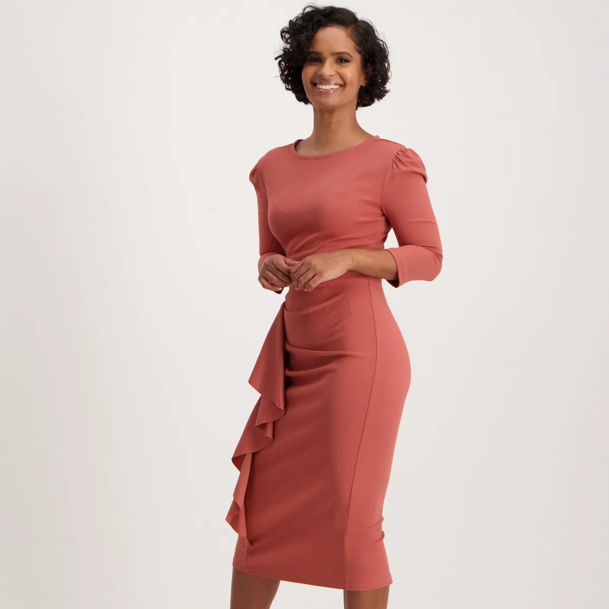 Ladies 3/4 Sleeve Waterfall Dress with Frill Detail - Dark Blush