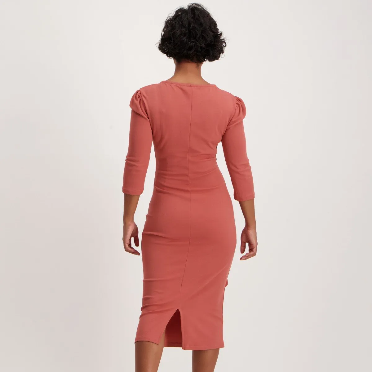 Ladies 3/4 Sleeve Waterfall Dress with Frill Detail - Dark Blush