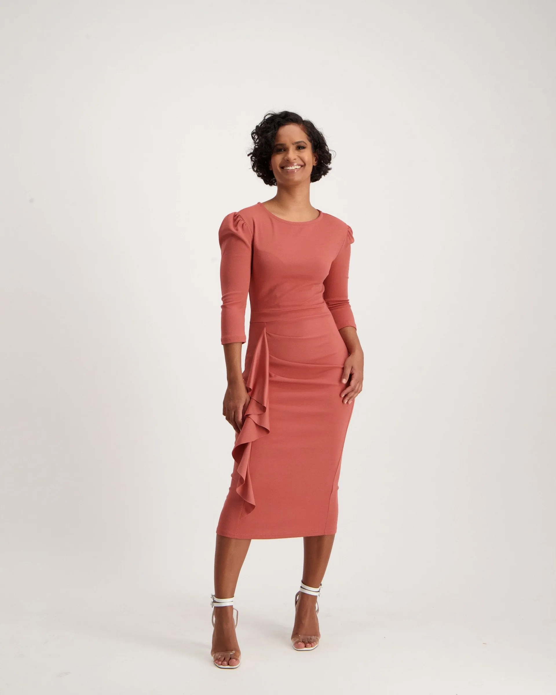 Ladies 3/4 Sleeve Waterfall Dress with Frill Detail - Dark Blush