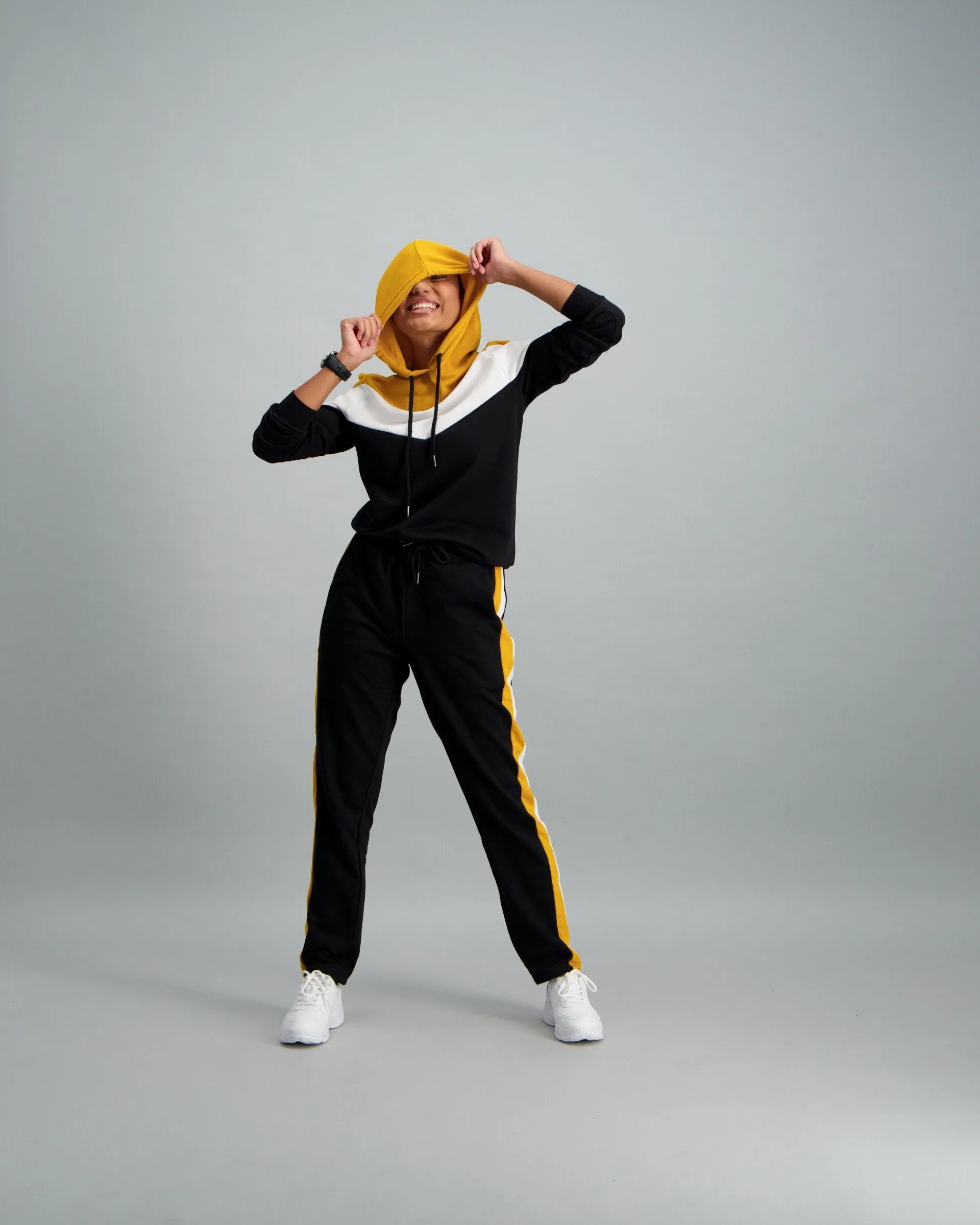 Ladies Black & Mustard Fleece Hoody