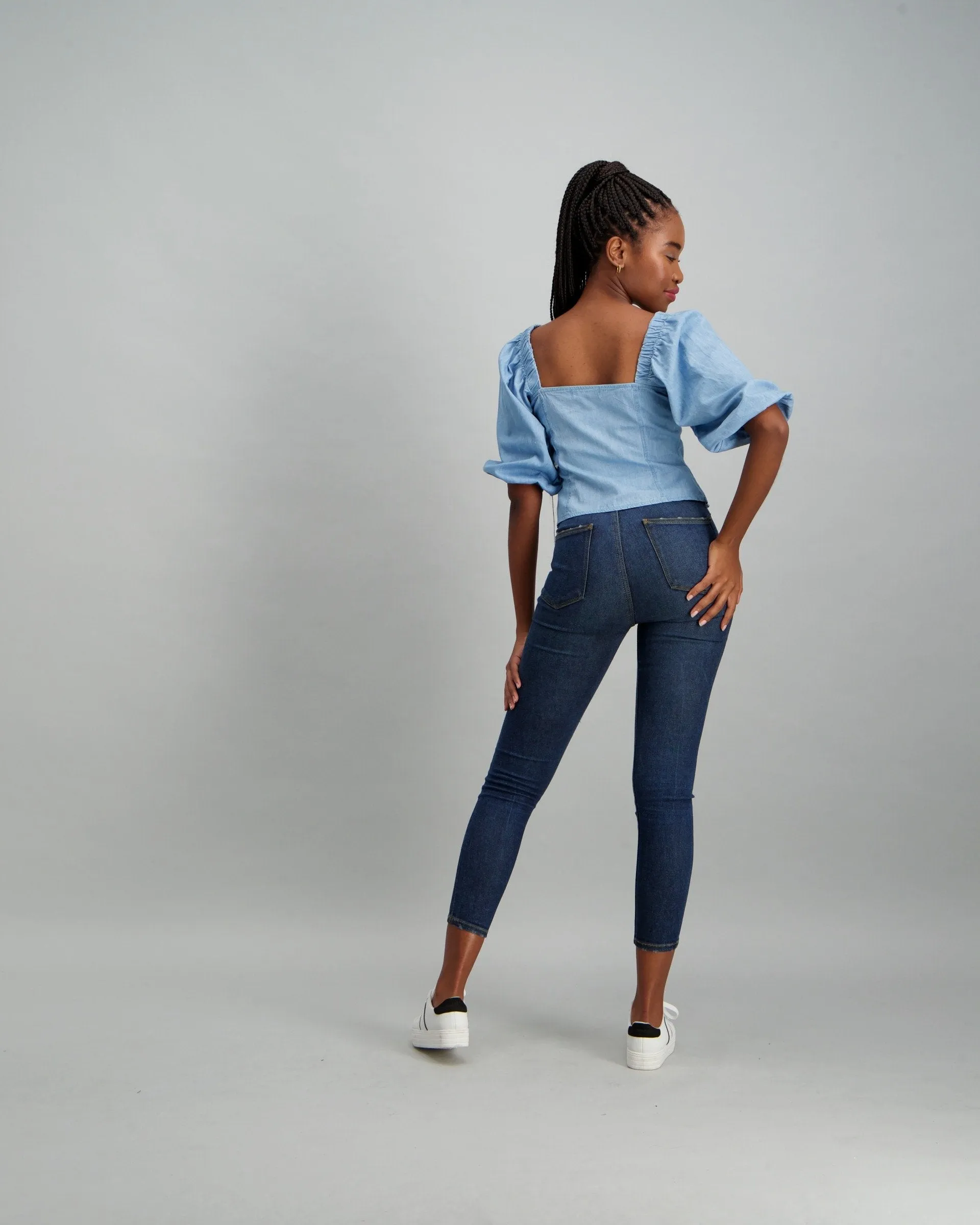 Ladies Button Through Denim Blouse - Stonewash