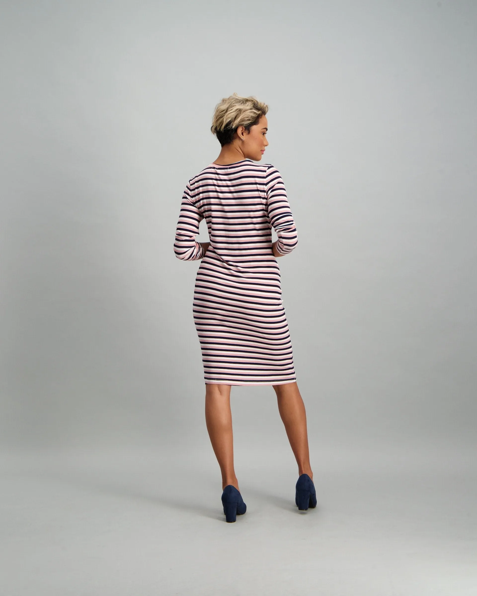 Ladies Longer Sleeve Stripe Bodycon Dress - Navy