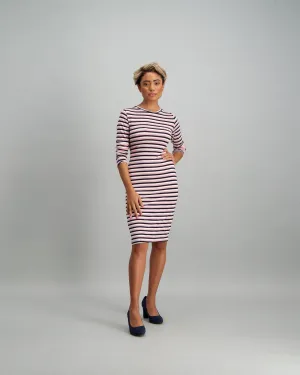 Ladies Longer Sleeve Stripe Bodycon Dress - Navy