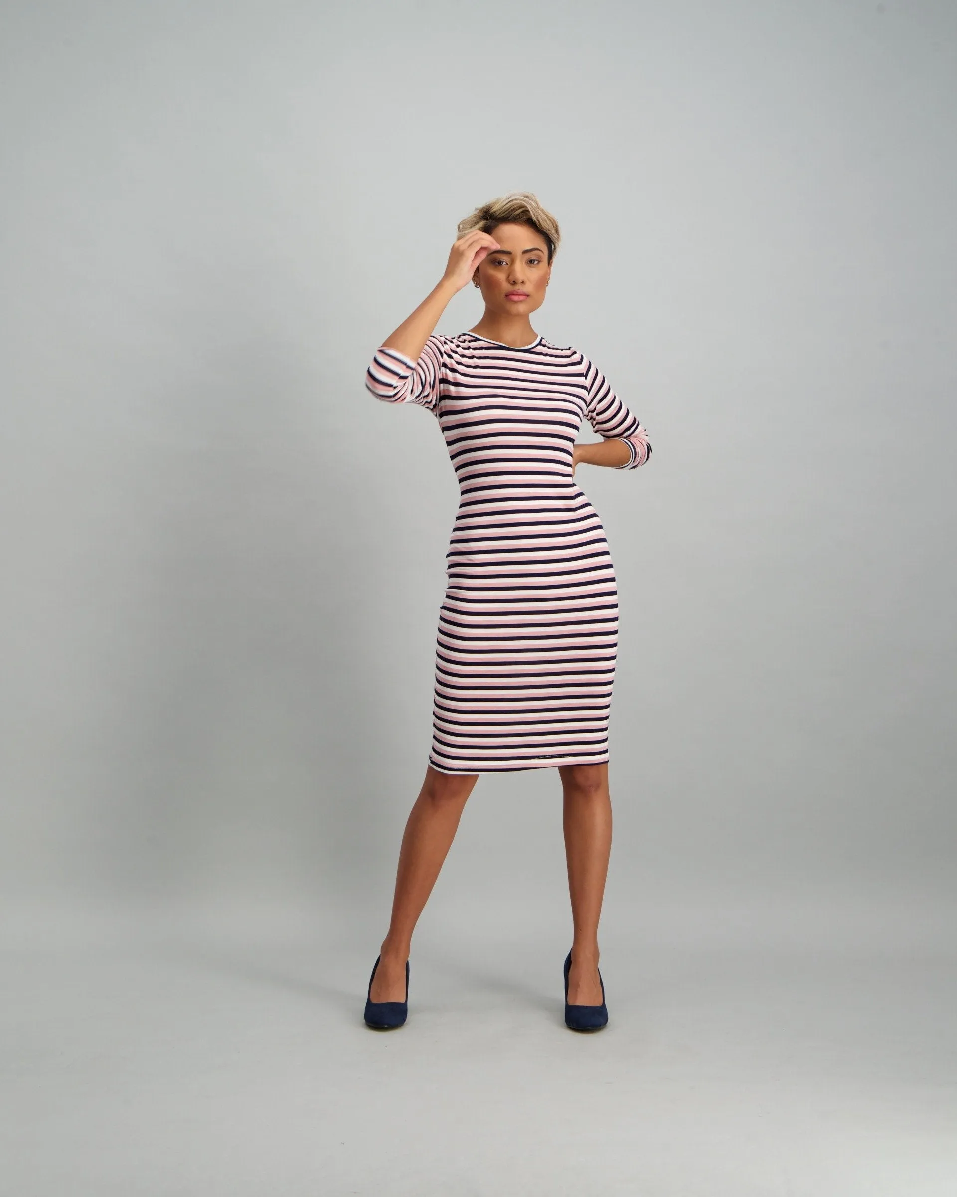 Ladies Longer Sleeve Stripe Bodycon Dress - Navy