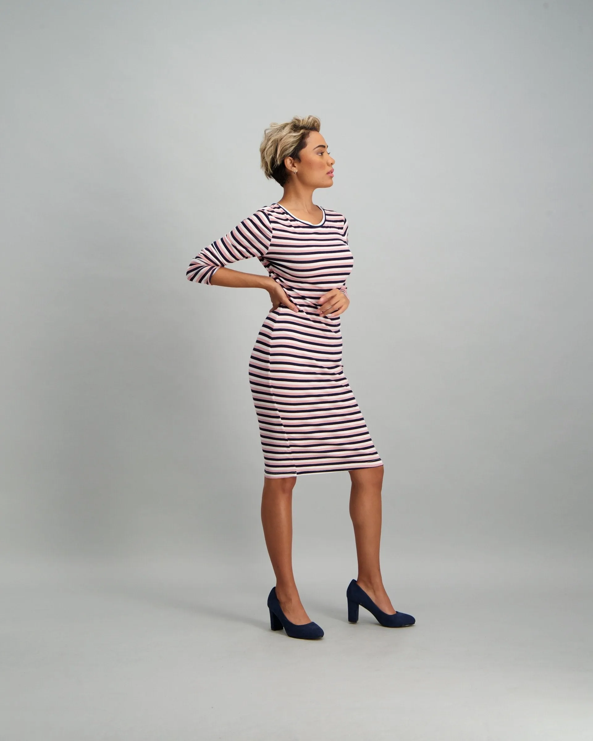 Ladies Longer Sleeve Stripe Bodycon Dress - Navy