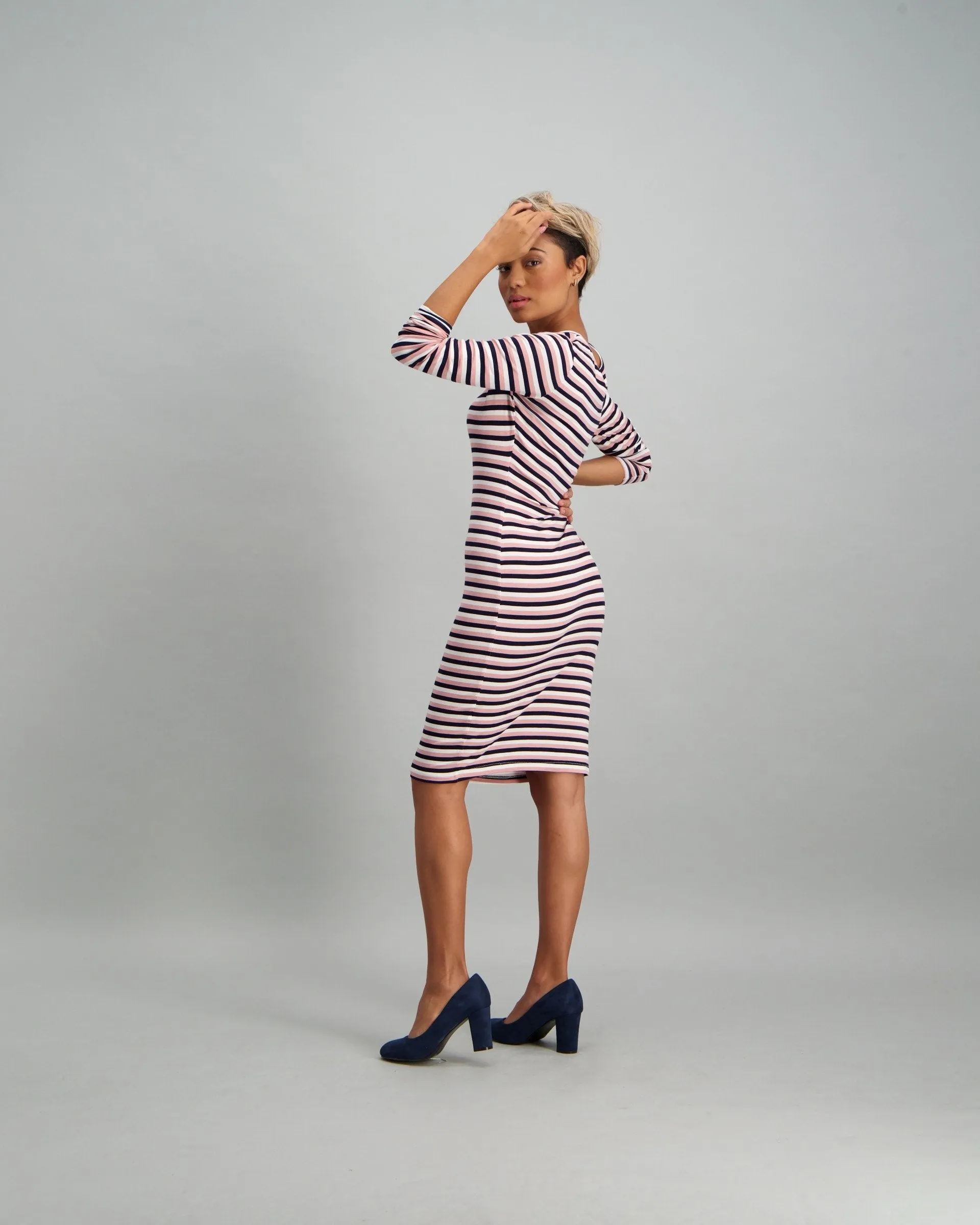 Ladies Longer Sleeve Stripe Bodycon Dress - Navy
