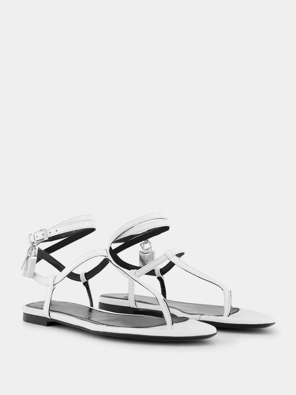 Leather White Padlock Thong Sandals