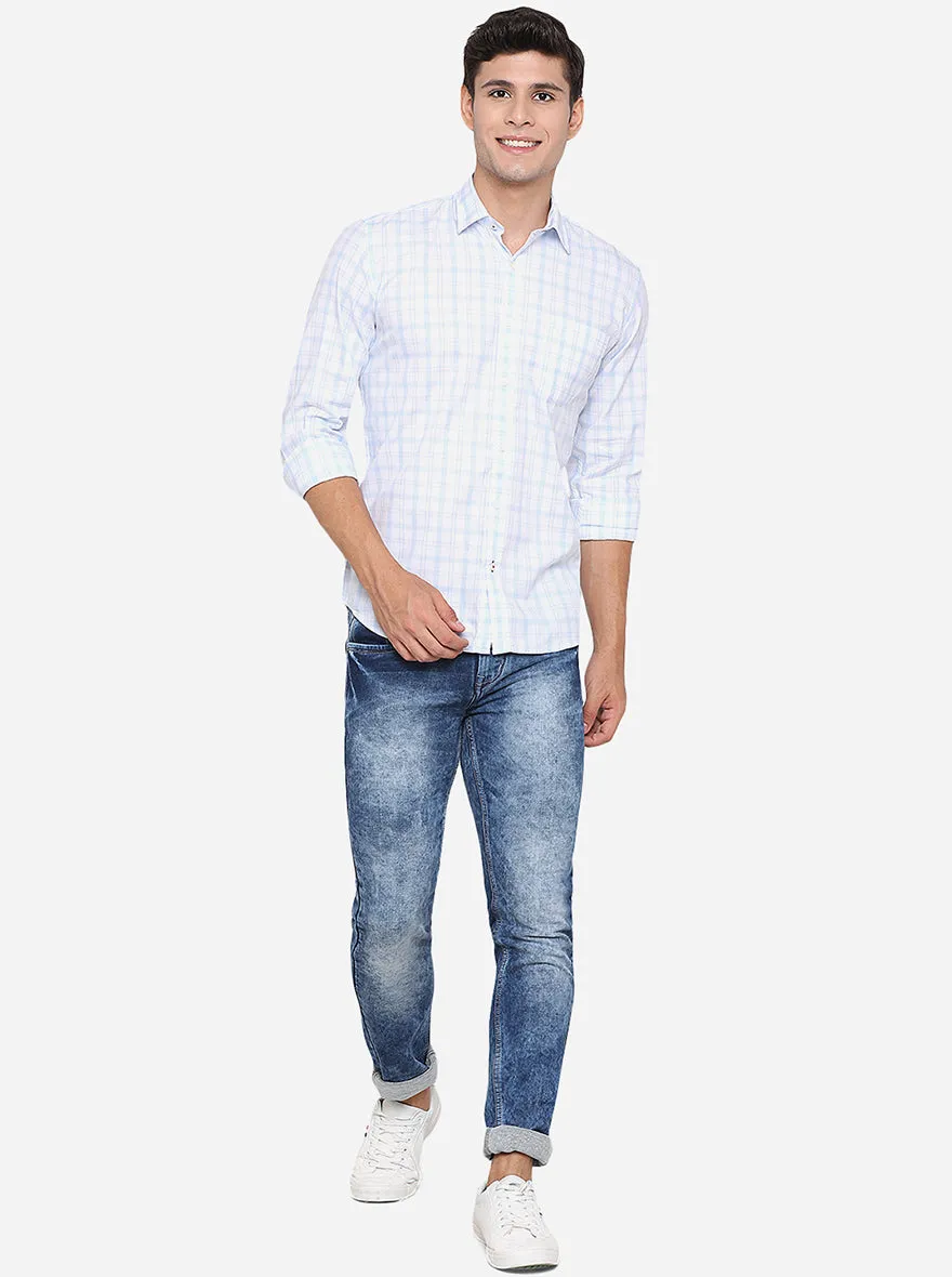 Light Blue Checked Slim Fit Casual Shirt | JadeBlue