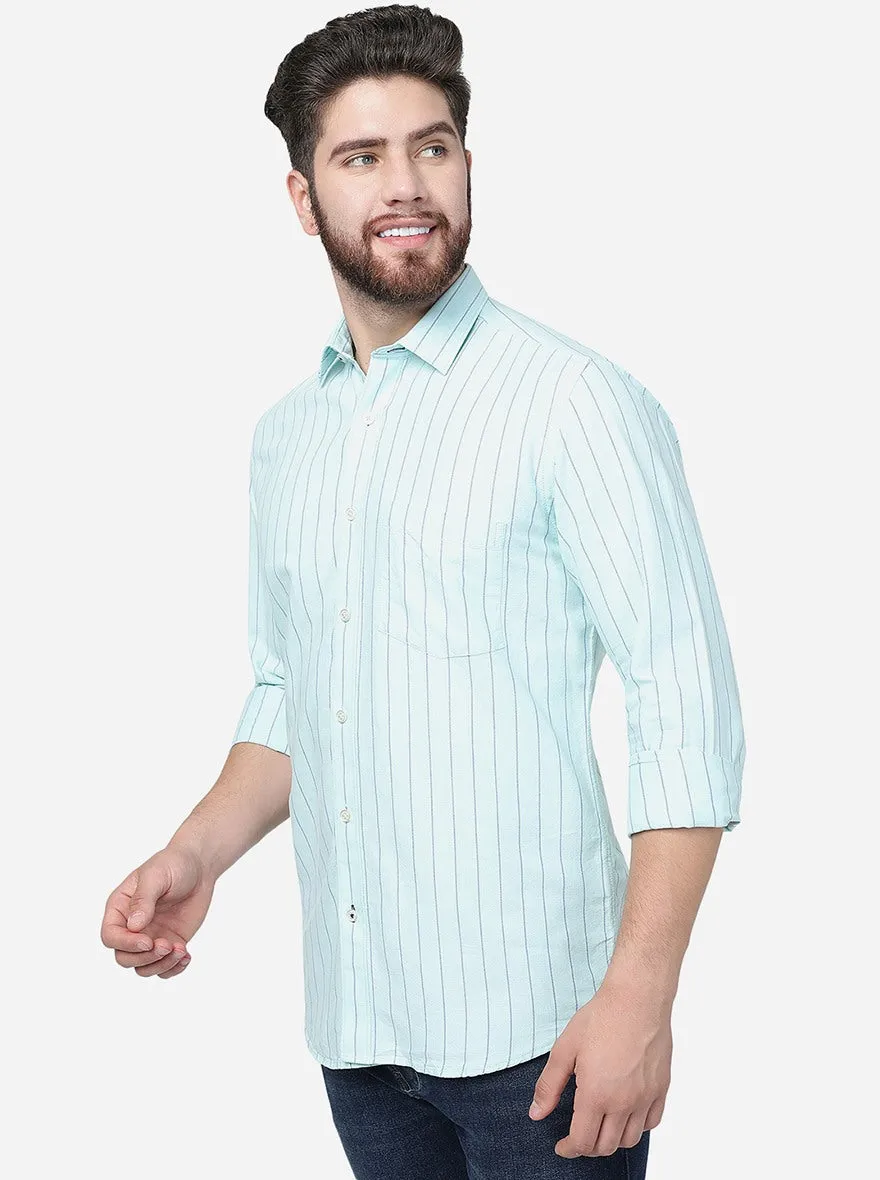 Light Blue Striped Slim Fit Semi Casual Shirt | JadeBlue