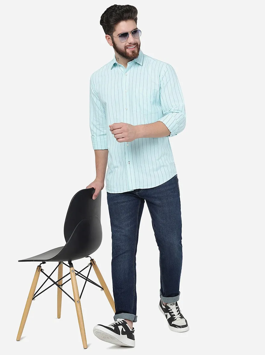 Light Blue Striped Slim Fit Semi Casual Shirt | JadeBlue