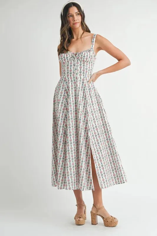 MABLE Floral Print Bustier Back Lace Up Midi Dress