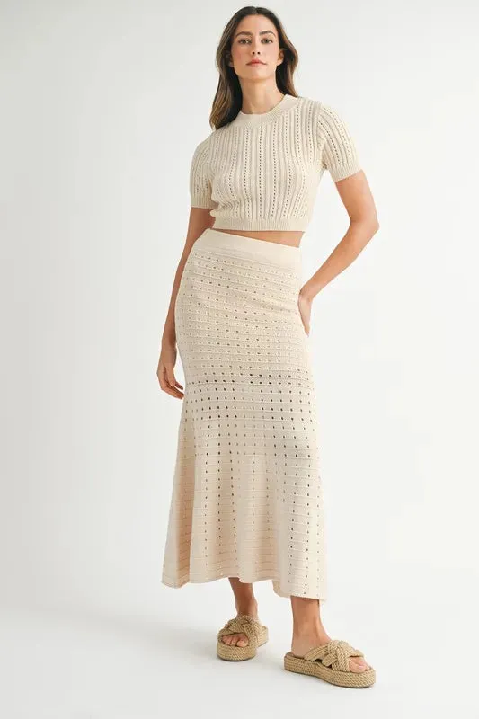 MABLE Pointelle Short Sleeve Crop Top and Slit Skirt Sweater Set
