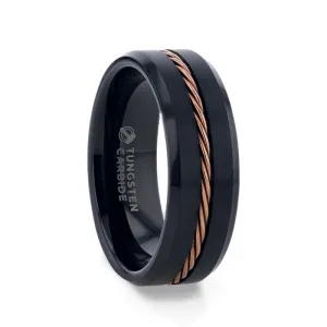 Men's Rose Gold Braided Brushed Center Black Tungsten Band Beveled Edges - 8mm