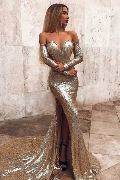 Mermaid Off-the-Shoulder Long Split Prom Dress Gold Sequined Evening Dress with Sleeves LPD077