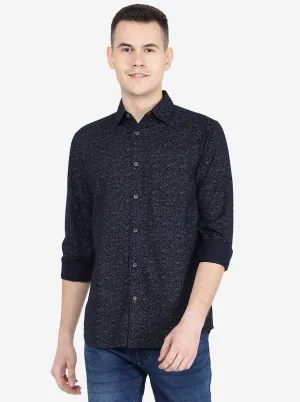 Navy Blue Printed Slim Fit Semi Casual Shirt | Jadeblue