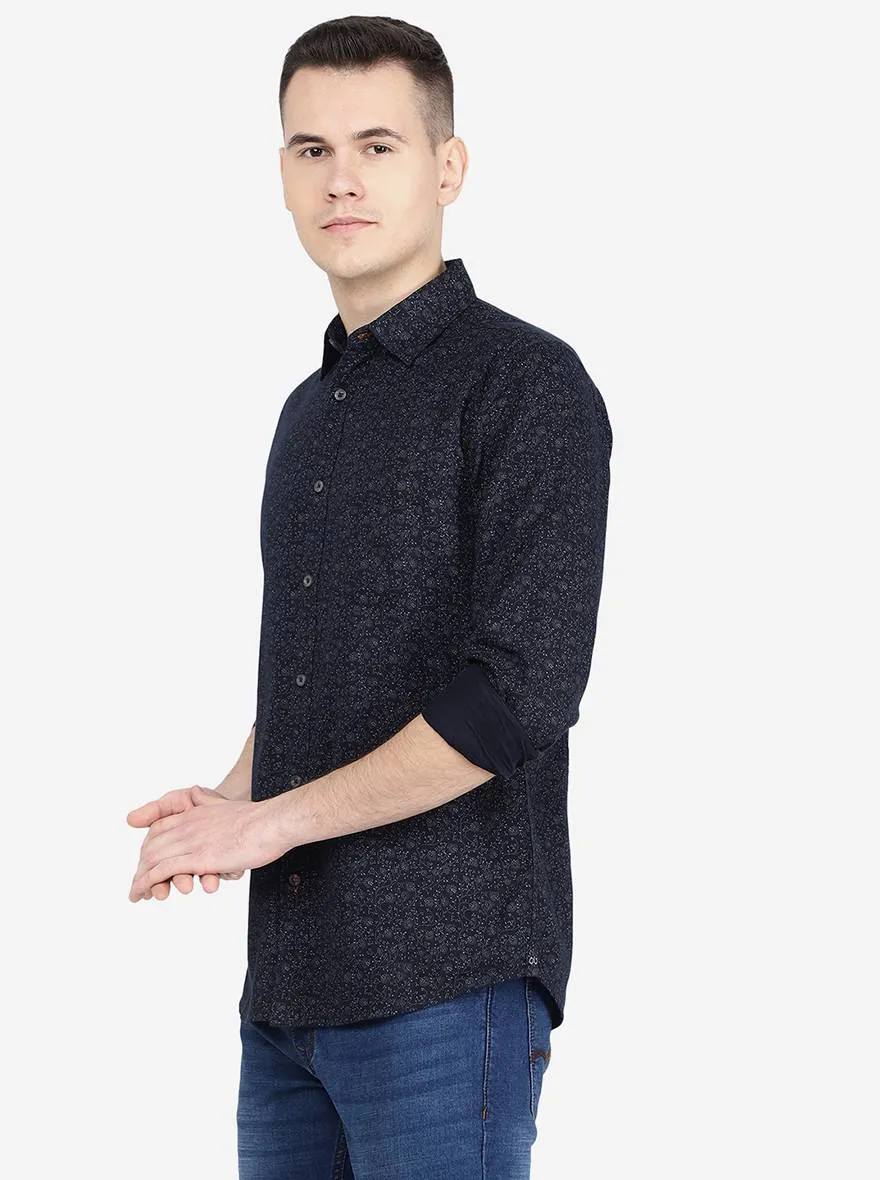 Navy Blue Printed Slim Fit Semi Casual Shirt | Jadeblue