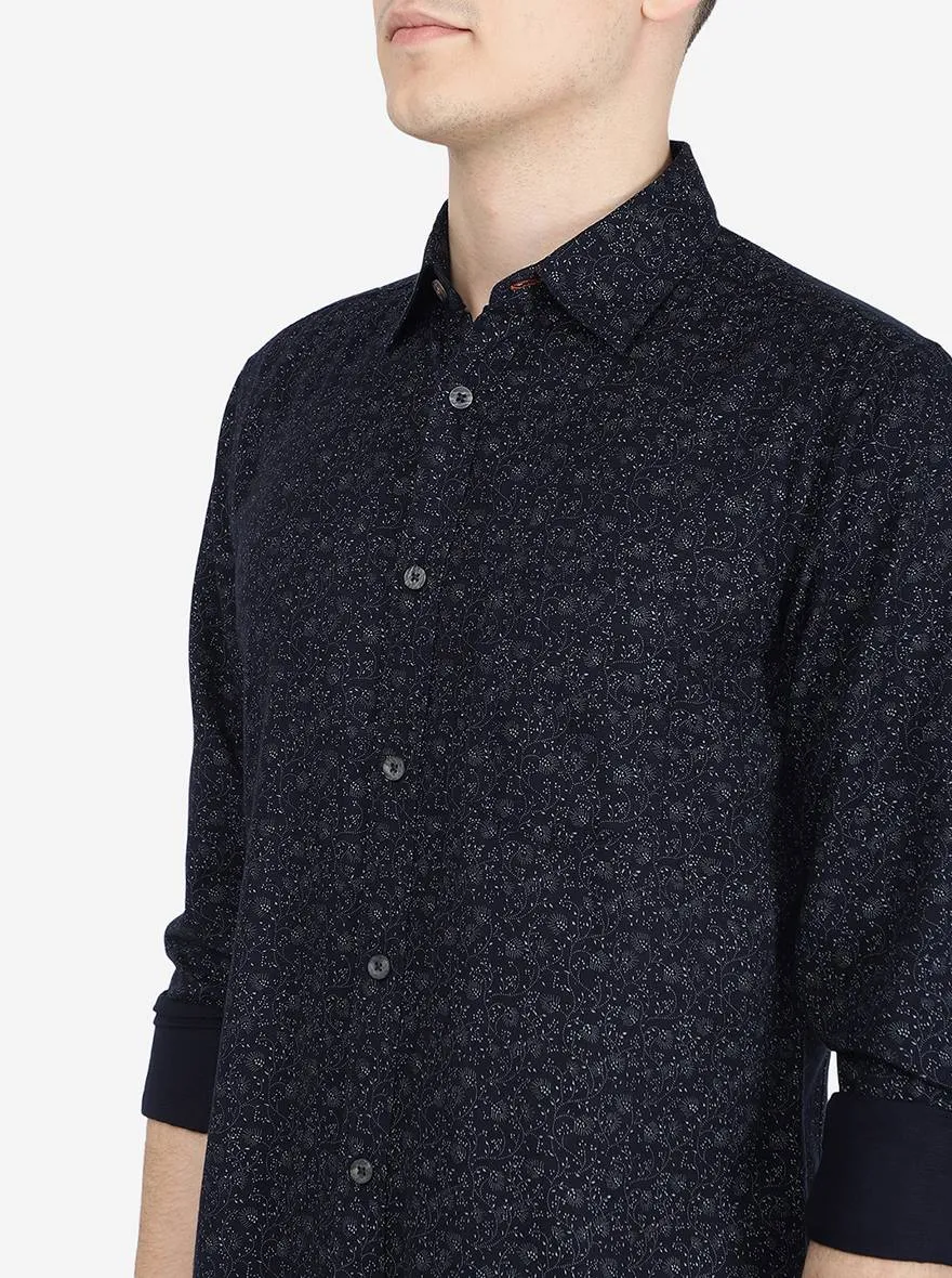 Navy Blue Printed Slim Fit Semi Casual Shirt | Jadeblue
