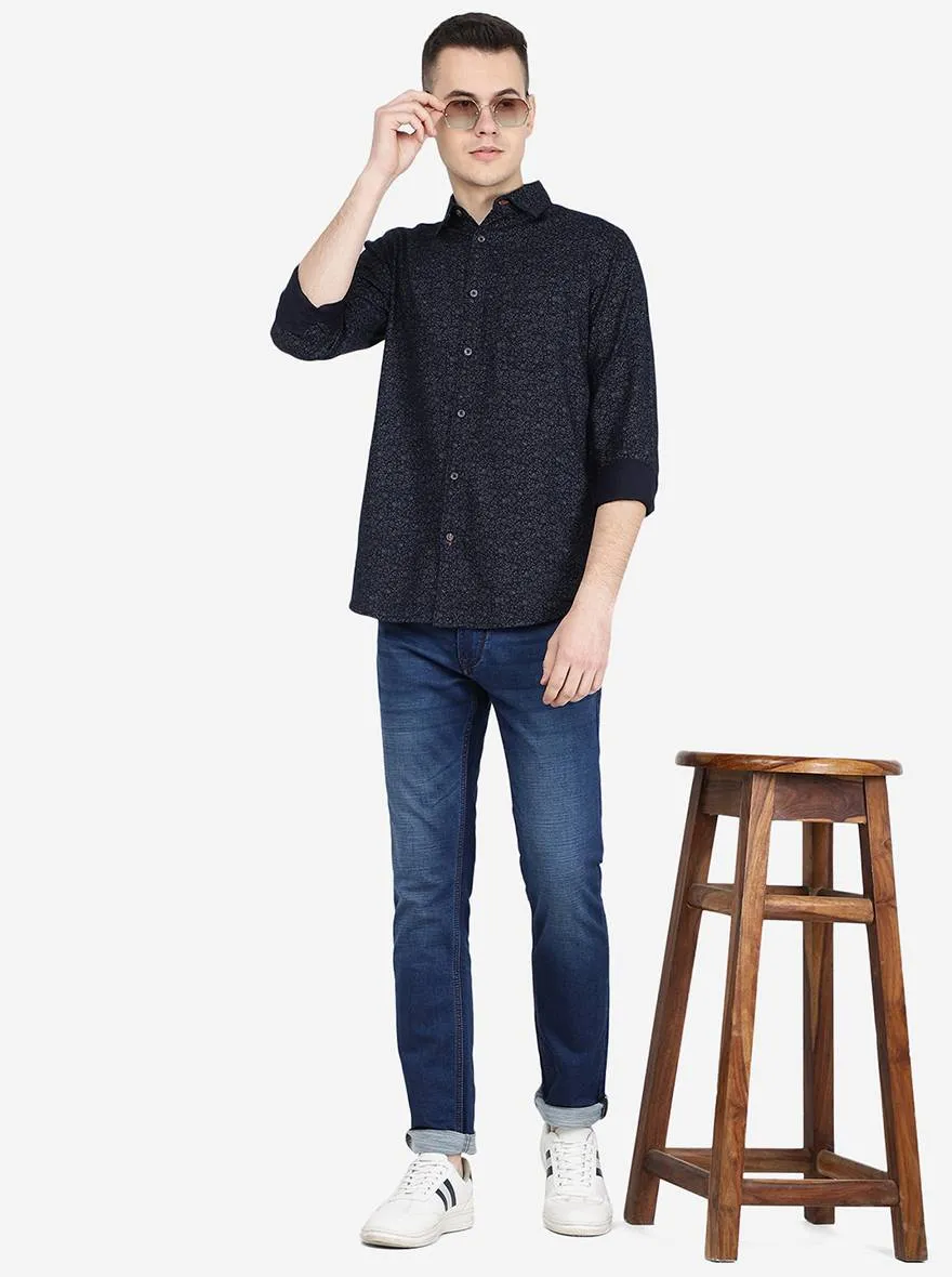 Navy Blue Printed Slim Fit Semi Casual Shirt | Jadeblue