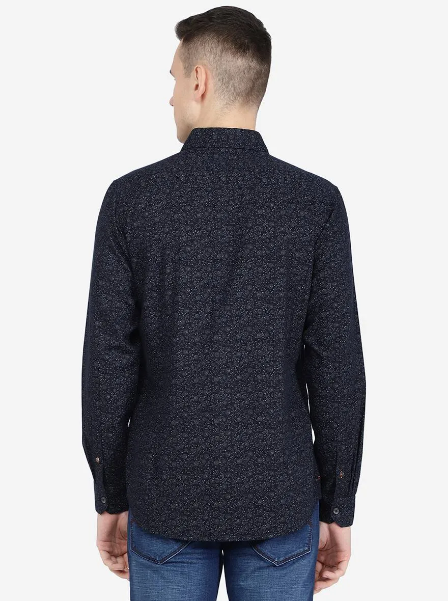 Navy Blue Printed Slim Fit Semi Casual Shirt | Jadeblue