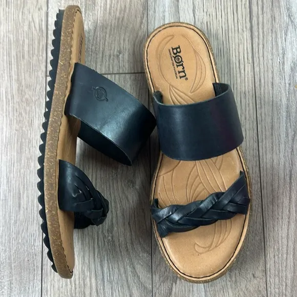 New nwot Perfect Born Cherita Black Leather Braided Strap Comfort Slide Sandal 9