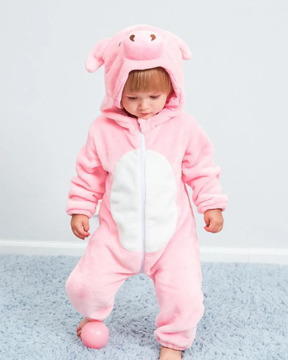 Newborn Kids Baby Cartoon Pink Pig Winter Bunting Bodysuit Warm Hooded Romper Jumpsuit