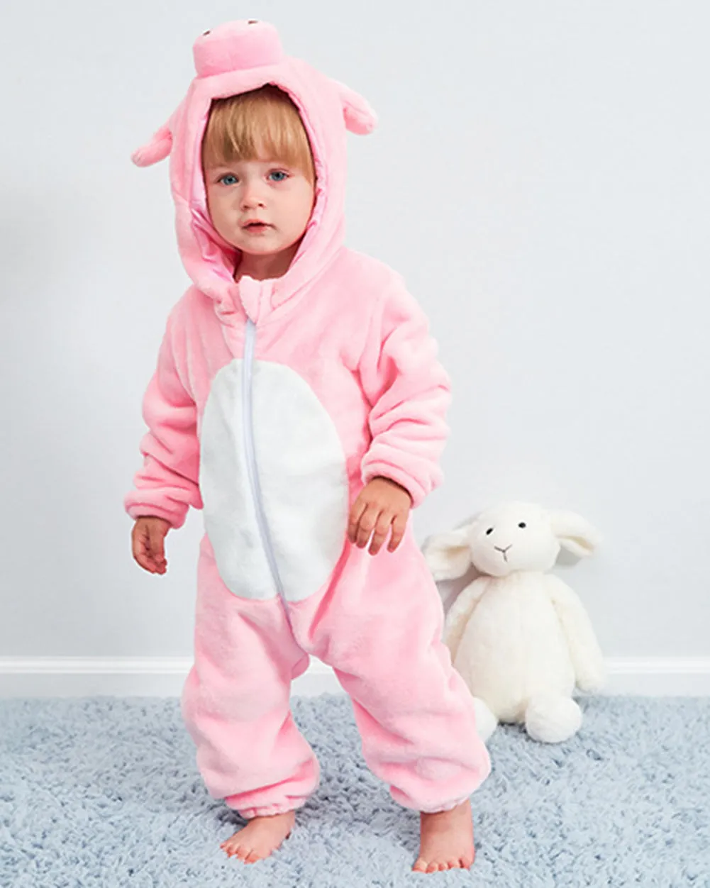 Newborn Kids Baby Cartoon Pink Pig Winter Bunting Bodysuit Warm Hooded Romper Jumpsuit