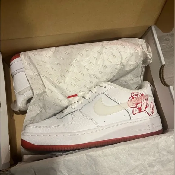 Nike White and Red Sneakers with Rose Design