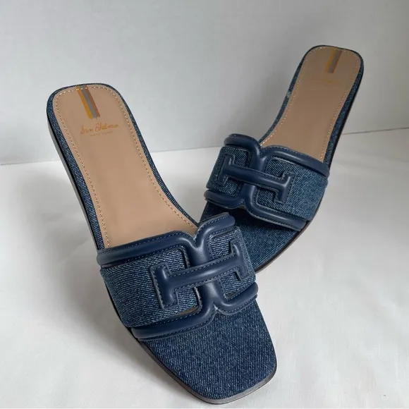 NWOT Women’s Sam Edelman Irina Slide Sandal in Blue Stone Leather/Denim Size 8.5