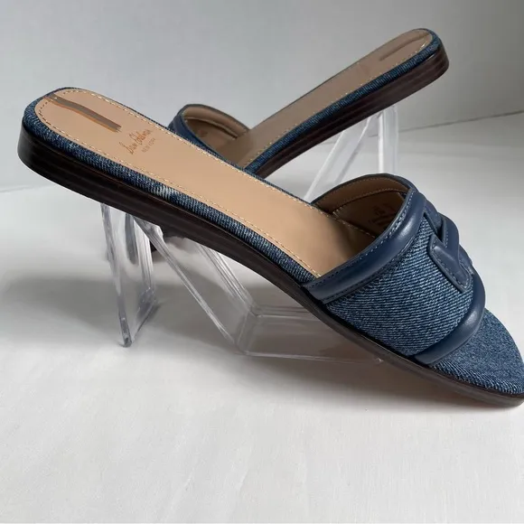 NWOT Women’s Sam Edelman Irina Slide Sandal in Blue Stone Leather/Denim Size 8.5