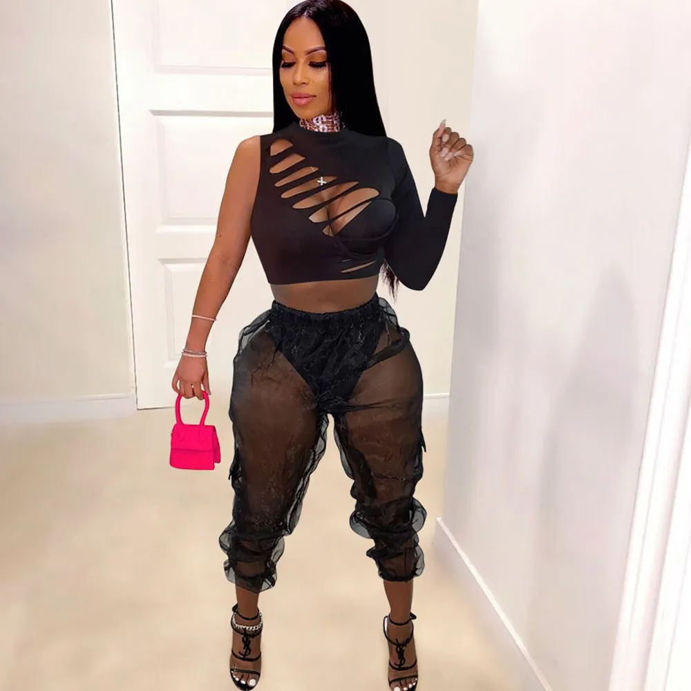 One Sleeve Cut Out Top & Sheer Pants Sets in Spandex/Polyester