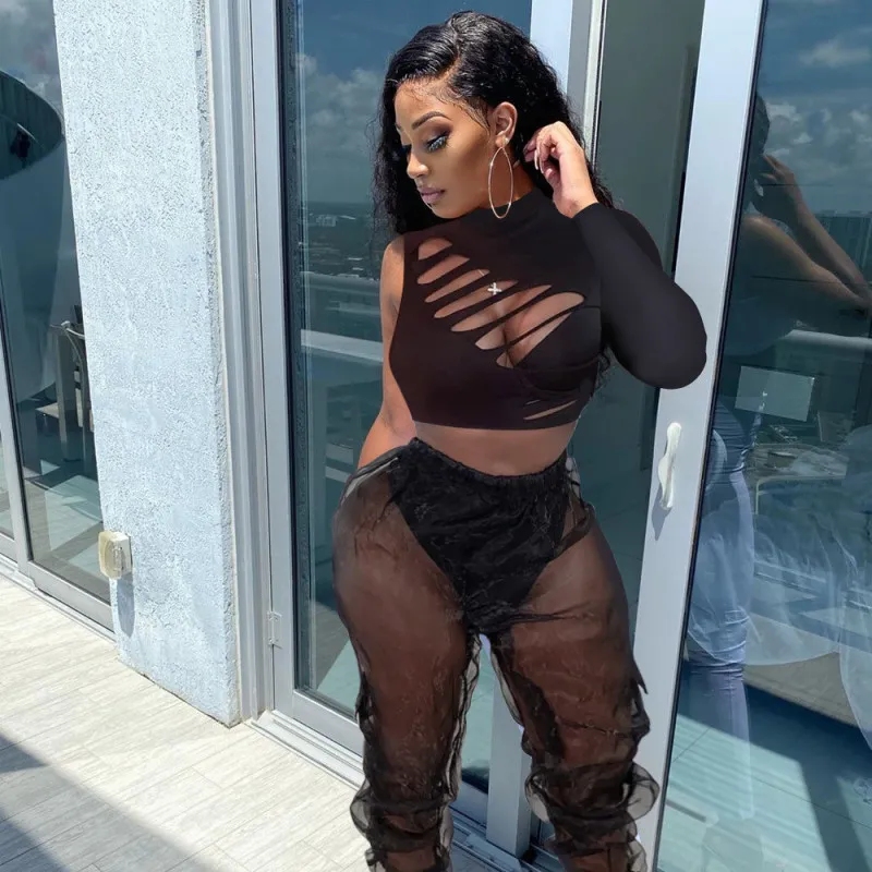One Sleeve Cut Out Top & Sheer Pants Sets in Spandex/Polyester